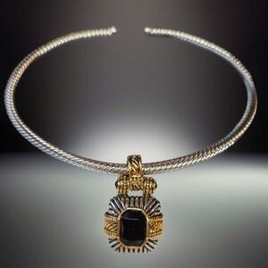 Silver Plated Twisted Cable Torque With Onyx Crystal Gold Plated Pendant